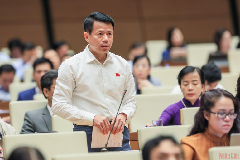 Đại biểu Nguyễn Hải Dũng (Nam Định) phát biểu thảo luận tại hội trường. (Ảnh: DUY LINH) Cần thiết phải giám sát tối cao đổi mới chương trình, sách giáo khoa giáo dục phổ thông -0