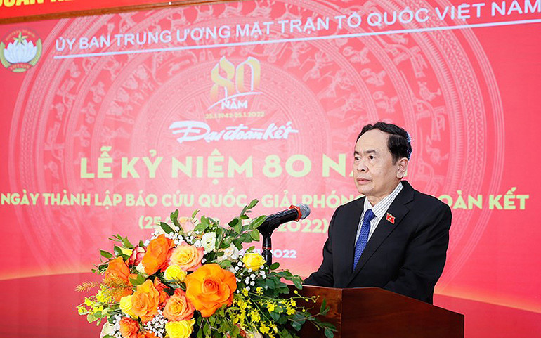 Đồng chí Trần Thanh Mẫn phát biểu ý kiến tại buổi lễ. Kỷ niệm 80 năm Ngày thành lập báo Cứu Quốc – Giải Phóng – Đại Đoàn Kết -0