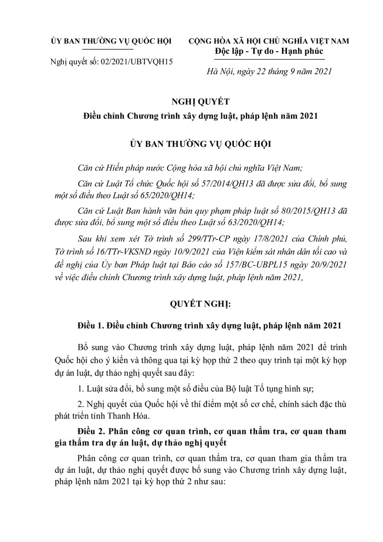 Nghị quyết của Ủy ban Thường vụ Quốc hội về điều chỉnh Chương trình xây dựng luật, pháp lệnh -0