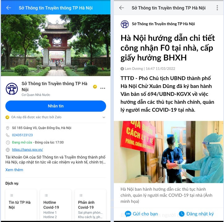 Hướng dẫn công nhận F0 tại nhà, cấp giấy hưởng bảo hiểm xã hội được đăng tải tại trang Zalo “Sở Thông tin Truyền thông TP Hà Nội”. Ảnh chụp màn hình. Dùng Zalo xác nhận F0, gửi test nhanh F1 -0