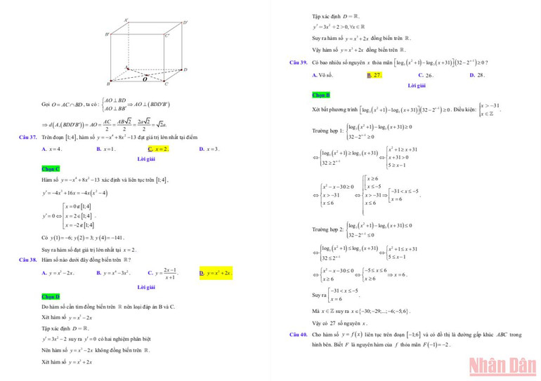 Gợi ý lời giải đề thi môn Toán thi tốt nghiệp trung học phổ thông đợt 2 -2