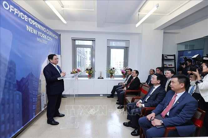 Thủ tướng Phạm Minh Chính phát biểu tại buổi khai trương Văn phòng FPT tại New York. Ảnh: Dương Giang/TTXVN Thủ tướng Phạm Minh Chính dự Lễ khai trương Văn phòng FPT tại New York, Hoa Kỳ -0