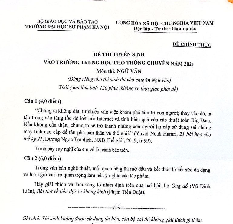 Đề Ngữ văn chuyên thi lớp 10 Trường chuyên đại học Sư phạm ảnh 1 Đề Ngữ văn chuyên thi lớp 10 Trường chuyên đại học Sư phạm -0