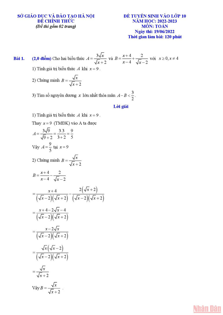 Gợi ý giải đề Toán thi lớp 10 THPT của Hà Nội -0