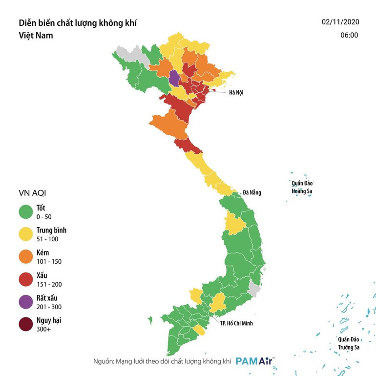 Diễn biến chất lượng không khí ở Việt Nam lúc 6 giờ sáng nay, 2-11. Không khí Hà Nội ở mức kém và xấu, có nơi ở mức nguy hiểm -0