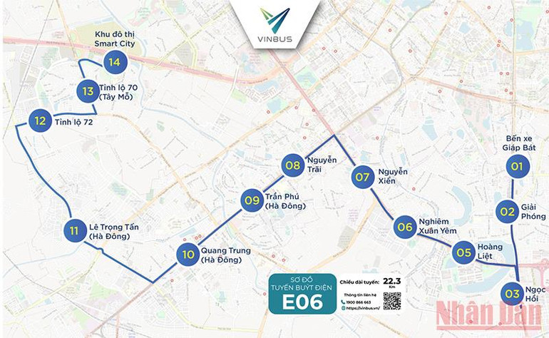 Lộ trình của tuyến buýt điện E06 của VinBus ở Hà Nội. VinBus đưa thêm tuyến buýt điện E06 phục vụ người dân Thủ đô -0