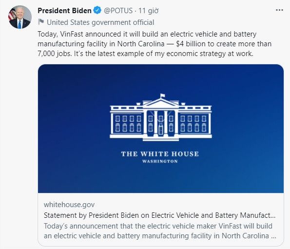 Tài khoản Twitter của Tổng thống Biden chia sẻ thông tin VinFast xây dựng nhà máy sản xuất pin và ô tô điện ở bang North Carolina của Mỹ. Nhà sản xuất ô tô điện VinFast được đón chờ tại Mỹ -0
