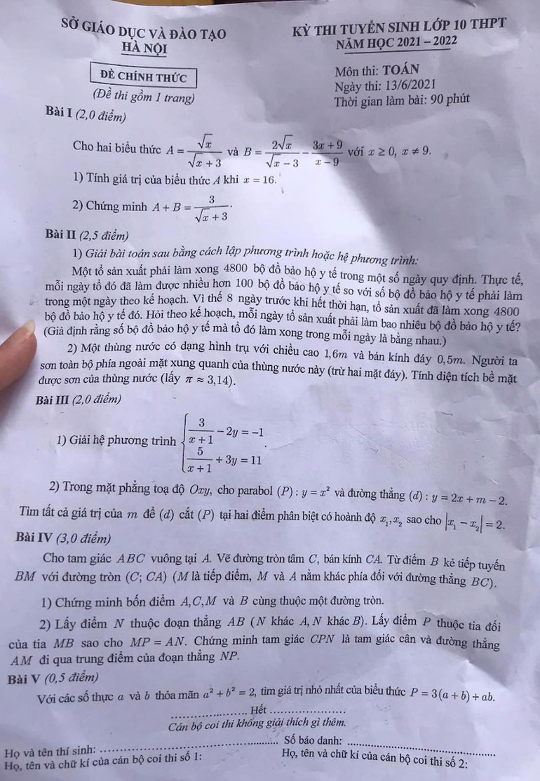 Gợi ý đáp án môn Toán thi lớp 10 Hà Nội -0