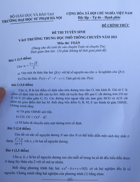 Đề thi, gợi ý đáp án môn Toán chuyên thi 10 Trường chuyên Sư phạm -0