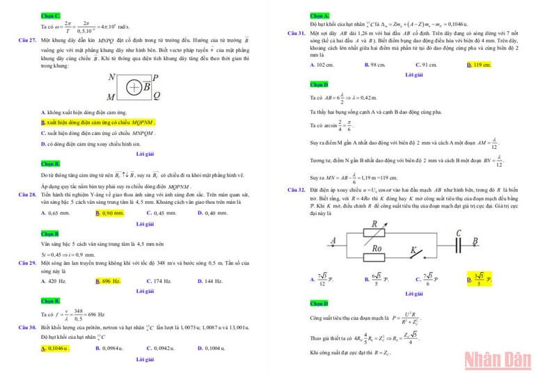 Gợi ý đáp án, lời giải môn Vật lý thi tốt nghiệp trung học phổ thông đợt 2 -3