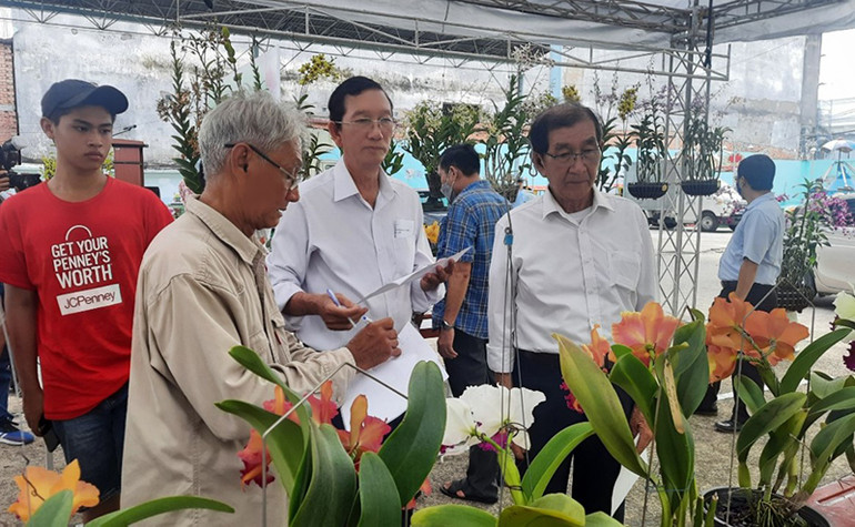 Ban Giám khảo chấm thi hoa lan tại Hội thi hoa lan và cây kiểng được tổ chức tại nội chợ. Khai mạc hội chợ, triển lãm sản phẩm nông nghiệp tiêu biểu Thành phố Hồ Chí Minh -0