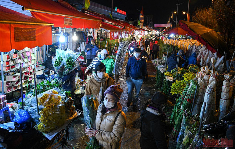 Tấp nập không khí người dân chen chân đi chợ hoa đêm lớn nhất Hà Nội ngày cận Tết -0