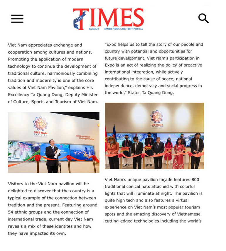 Hãng thông tấn Kuwait News phỏng vấn độc quyền Thứ trưởng Văn hóa, Thể thao và Du lịch Phó Giáo sư, Tiến sĩ Tạ Quang Đông. (Ảnh chụp màn hình) Truyền thông quốc tế đưa tin đậm nét về Nhà Triển lãm Việt Nam tại EXPO 2020 -0