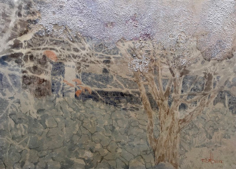 Mùa đông (Mầu nước - Giấy Dó. 117cm x 79cm, 2020). Nhẩn nha cùng