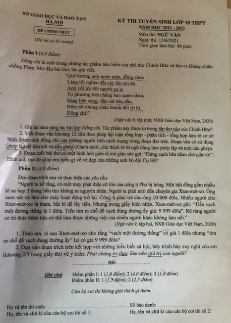 Gợi ý đáp án đề thi môn Ngữ văn tuyển sinh vào lớp 10 của Hà Nội -0