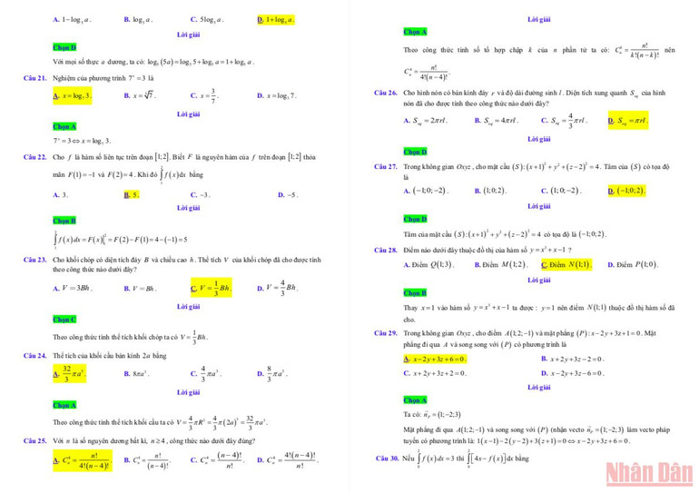 Gợi ý lời giải đề thi môn Toán thi tốt nghiệp trung học phổ thông đợt 2 -0