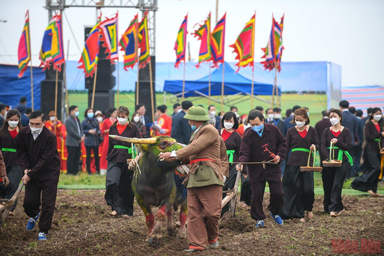 Chủ tịch nước Nguyễn Xuân Phúc xuống đồng cày ruộng tại Lễ Tịch điền Đọi Sơn -0