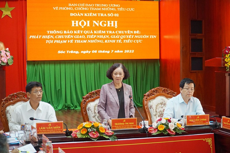 Đồng chí Trương Thị Mai phát biểu tại hội nghị. Thông báo kết quả kiểm tra công tác chống tham nhũng, tiêu cực tại Sóc Trăng -0