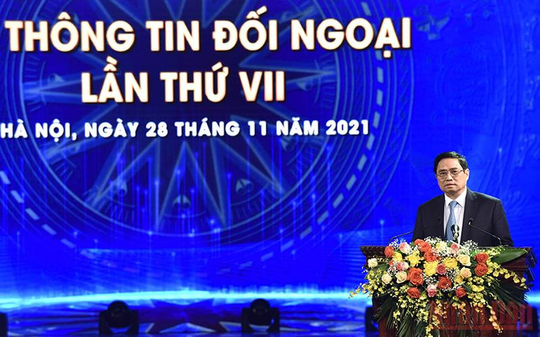 Thủ tướng Phạm Minh Chính phát biểu tại buổi lễ. (Ảnh: TRẦN HẢI) Lễ trao Giải thưởng toàn quốc về thông tin đối ngoại lần thứ VII -0
