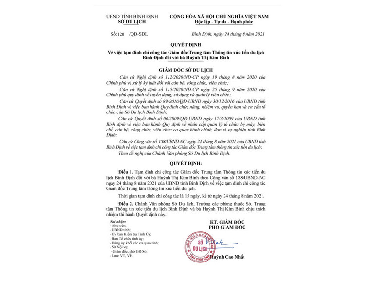 Đình chỉ Giám đốc Trung tâm Thông tin xúc tiến du lịch Bình Định -0