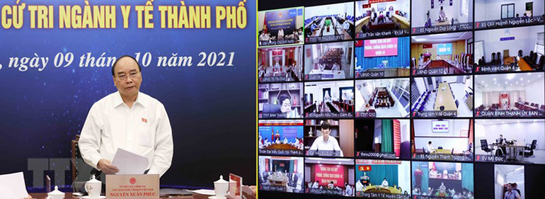 Chủ tịch nước Nguyễn Xuân Phúc và Đoàn Đại biểu Quốc hội TP Hồ Chí Minh tiếp xúc cử tri ngành y tế thành phố theo hình thức trực tuyến. (Ảnh: TTXVN) Kiểm soát chặt chẽ, không được chủ quan, thích ứng an toàn với Covid-19 -0
