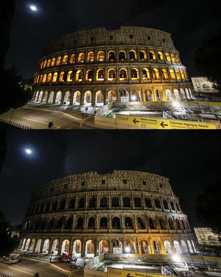 Đấu trường La Mã ở Rome trước và sau khi chìm trong bóng tối hưởng ứng chiến dịch bảo vệ môi trường trong Giờ Trái đất. Ảnh: Fabio Frustaci / EPA. Các địa danh trên thế giới tắt đèn trong Giờ Trái đất -0