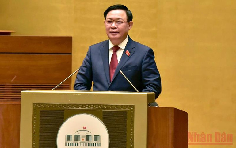 Chủ tịch Quốc hội Vương Đình Huệ phát biểu chỉ đạo tại hội. (Ảnh: Duy Linh). VLH_6283-1640955694121.jpg