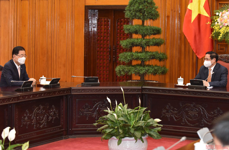 Thủ tướng Phạm Minh Chính tiếp Bộ trưởng Ngoại giao Hàn Quốc Chung Eui Yong -0