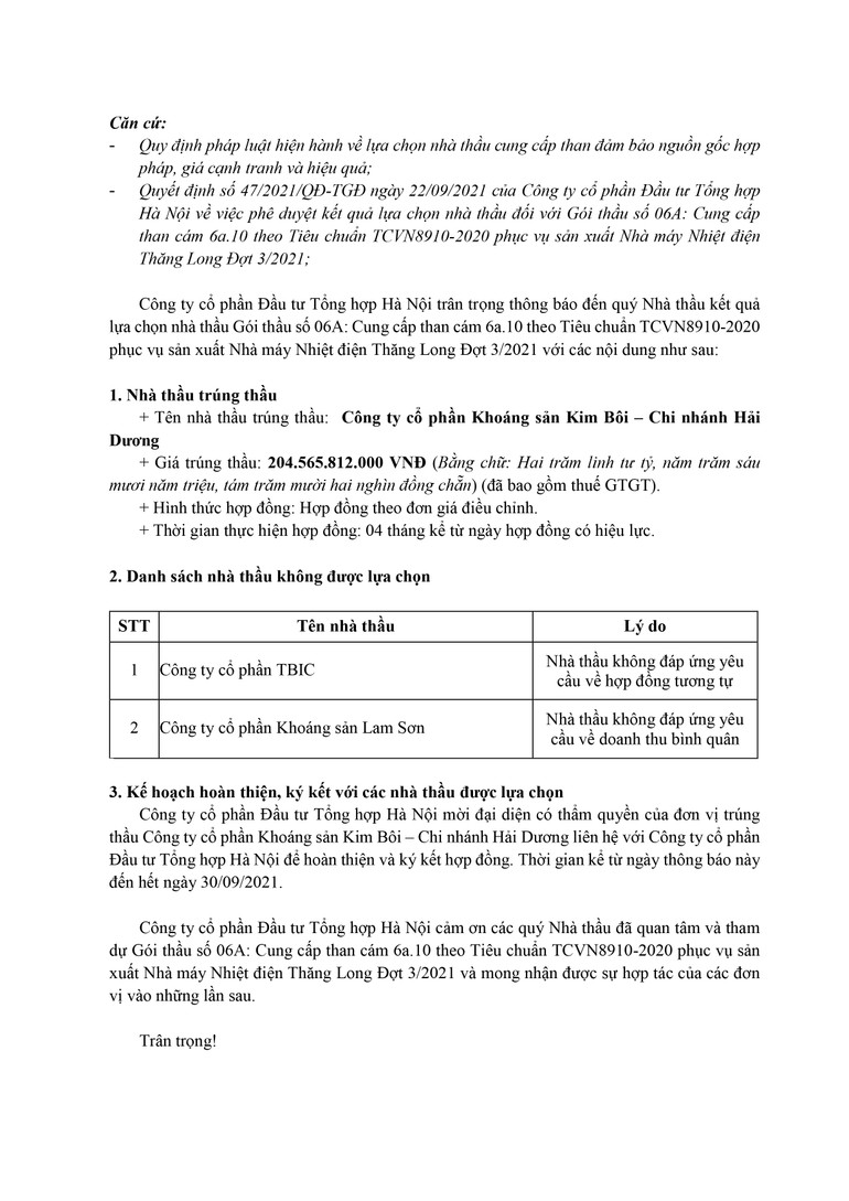 Thông báo kết quả lựa chọn nhà thầu -0