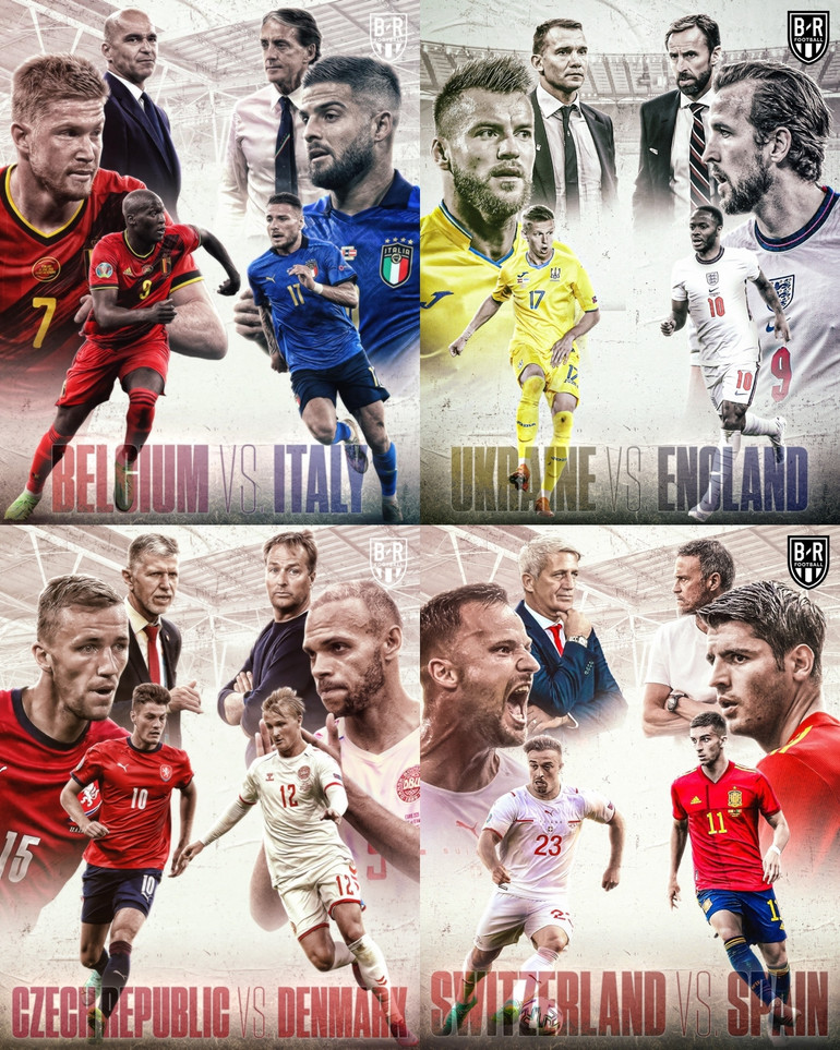 Bốn cặp đấu Vòng tứ kết EURO 2020. (Ảnh: Bleacher Reports) Danh sách tám đội vào tứ kết EURO 2020: Sạch bóng đại diện bảng tử thần -0