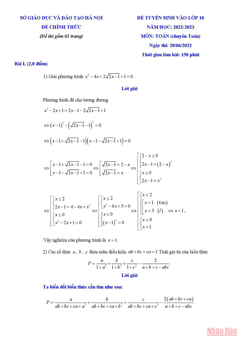 Gợi ý giải đề Toán chuyên thi lớp 10 của Hà Nội -0