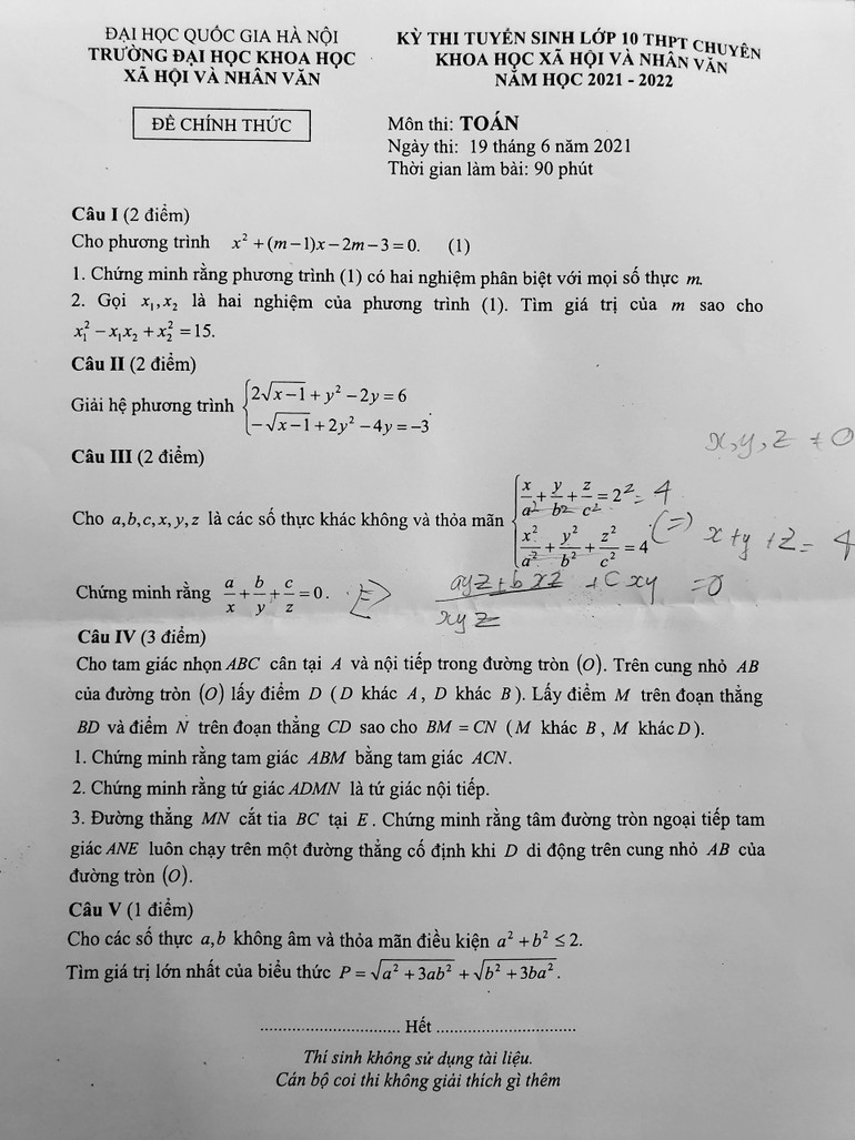 Đề thi, gợi ý đáp án môn Toán thi lớp 10 Trường chuyên Khoa học Xã hội và Nhân văn -0