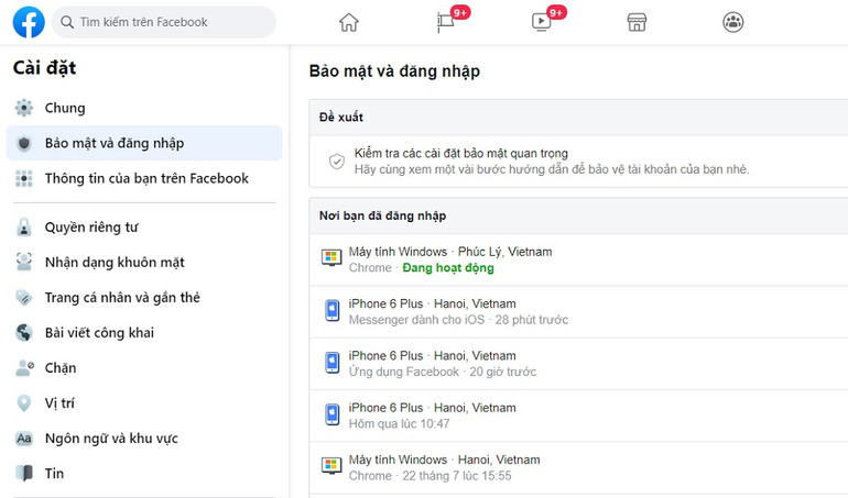 Cách kiểm tra đăng nhập Facebook bằng máy tính để bàn sử dụng ngôn ngữ tiếng Việt. Cách kiểm tra tài khoản Facebook bị người khác đăng nhập -0