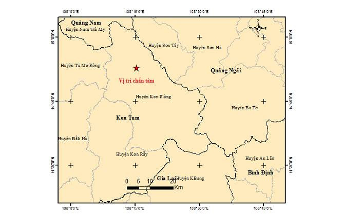 Bản đồ tâm chấn trận động đất thứ hai, xảy ra tại huyện Kon Plông, tỉnh Kon Tum sáng ngày 1/6. (Ảnh: Viện Vật lý địa cầu) Kon Plông lại liên tiếp động đất -0