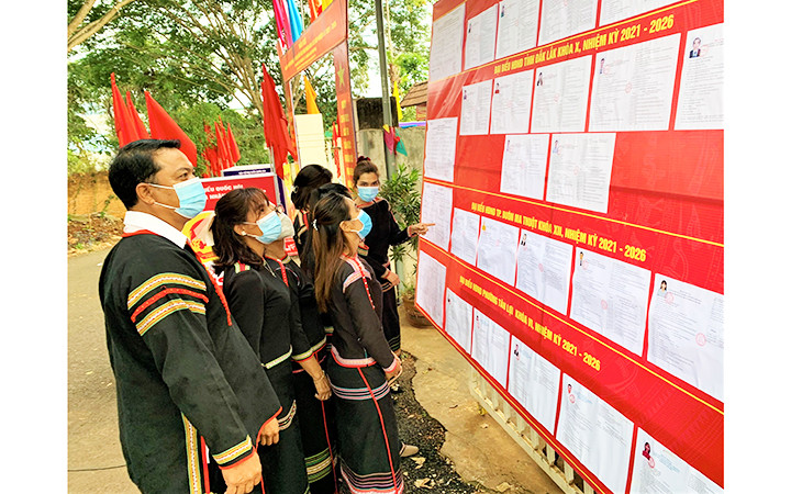 Cử tri TP Buôn Ma Thuột (Đắk Lắk) nghiên cứu tiểu sử các ứng cử viên. Ảnh: NGUYỄN CÔNG LÝ 20-1621809708784.jpg