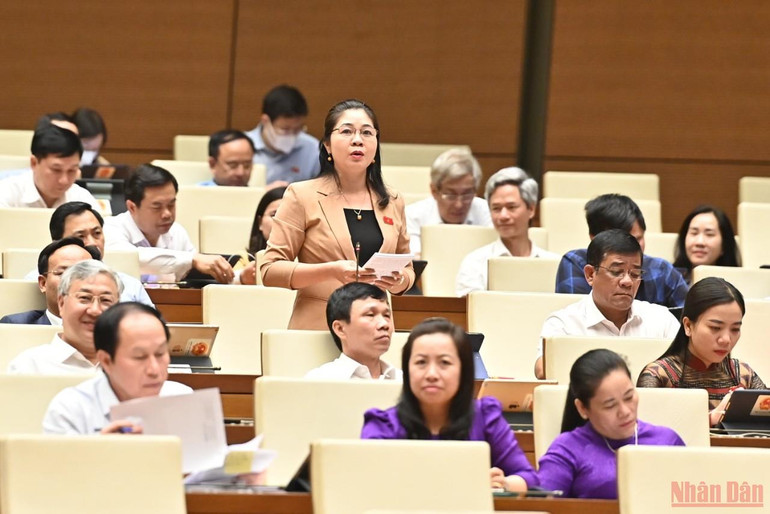 Đại biểu Leo Thị Lịch (Bắc Giang) chất vấn Thống đốc Ngân hàng Nhà nước về điều hành lãi suất cho vay theo Nghị quyết số 43 của Quốc hội. (Ảnh: NGUYÊN KHOA) Nỗ lực giảm lãi suất, xử lý hiệu quả nợ xấu -0