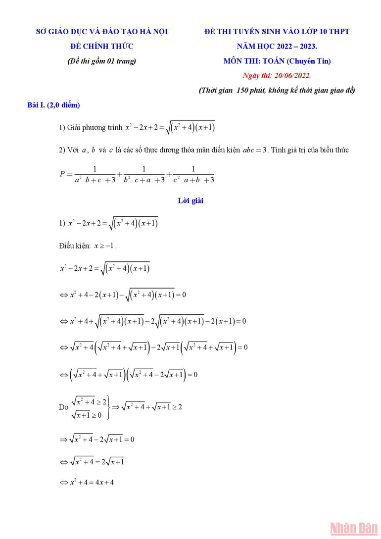 Gợi ý giải đề Toán thi vào lớp 10 chuyên Tin học -0