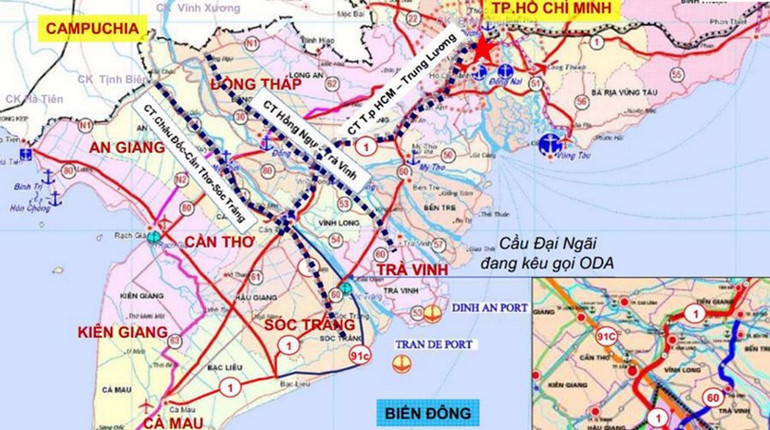 Bản đồ kết nối giao thông cảng biển Trần Đề (Sóc Trăng) với hệ thống giao thông đang được quy hoạch xây dựng. Hấp dẫn dự án cảng biển Trần Đề -0