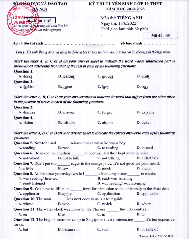 Đề thi, đáp án môn Tiếng Anh thi lớp 10 của Hà Nội -0