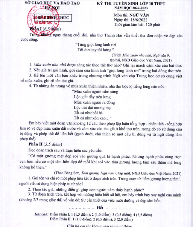 Đề thi, đáp án môn Ngữ văn thi lớp 10 của Hà Nội -0