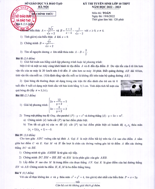 Đề thi, đáp án môn Toán thi lớp 10 Hà Nội -0