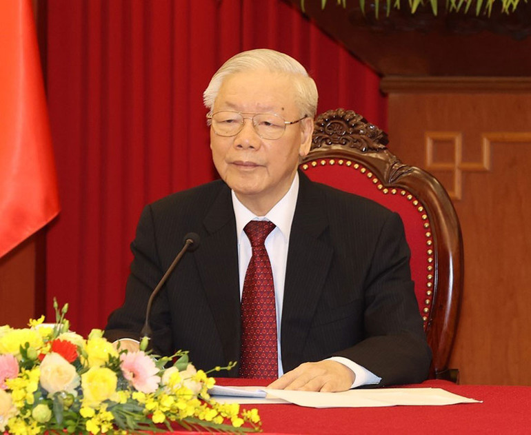 Tổng Bí thư Nguyễn Phú Trọng điện đàm với Thủ tướng Đức Olaf Scholz. (Ảnh: Trí Dũng/TTXVN) Hình ảnh Tổng Bí thư điện đàm với Thủ tướng Đức Olaf Scholz -0