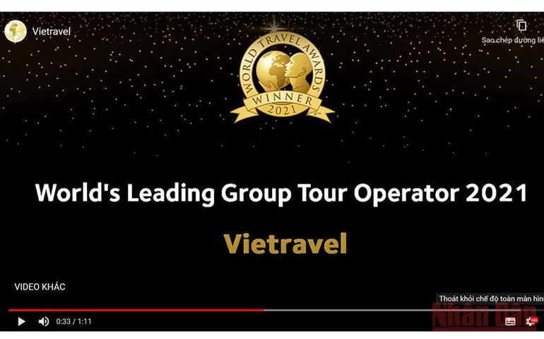 WTA công bố Vietravel giành chiến thắng ở hạng mục "Tập đoàn lữ hành hàng đầu thế giới 2021" (Ảnh chụp màn hình) Du lịch Việt Nam tiếp tục ghi dấu tại Giải thưởng Du lịch Thế giới -0