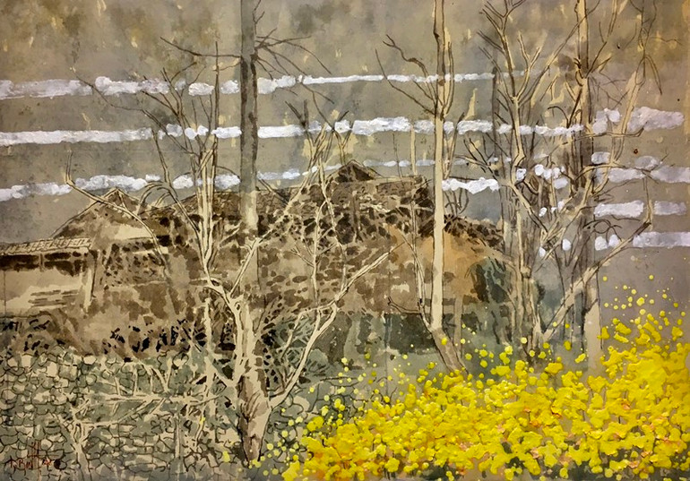 Mùa cây thay lá 2 (Mầu nước - Giấy Dó. 117cm x 79cm, 2021). Nhẩn nha cùng