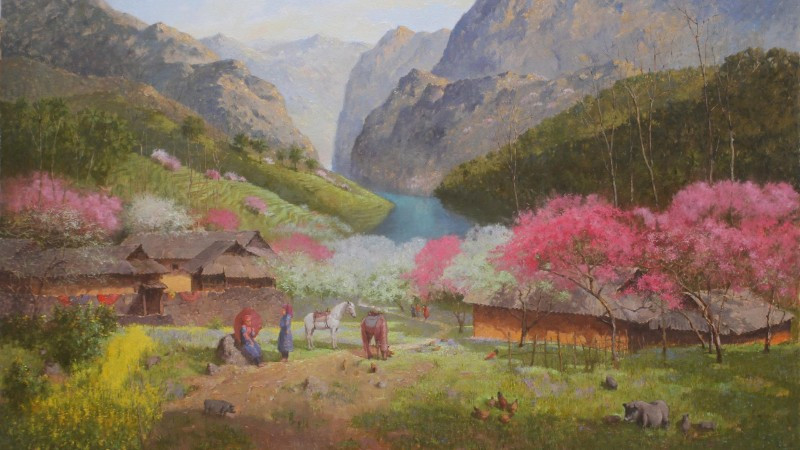 Một trích đoạn tranh sơn dầu "Chuyện ngày xuân" của họa sĩ Lê Thư.