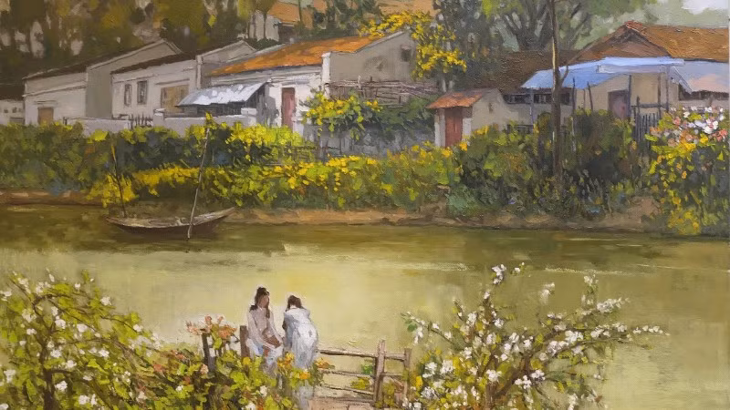 Một trích đoạn tác phẩm tranh sơn dầu "Nắng mới" của họa sĩ Lâm Đức Mạnh.