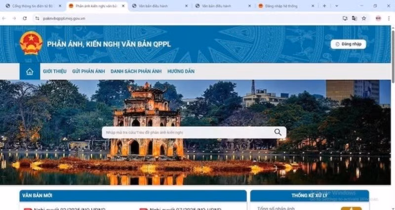 Hệ thống thông tin tiếp nhận, xử lý phản ánh, kiến nghị về văn bản quy phạm pháp luật.