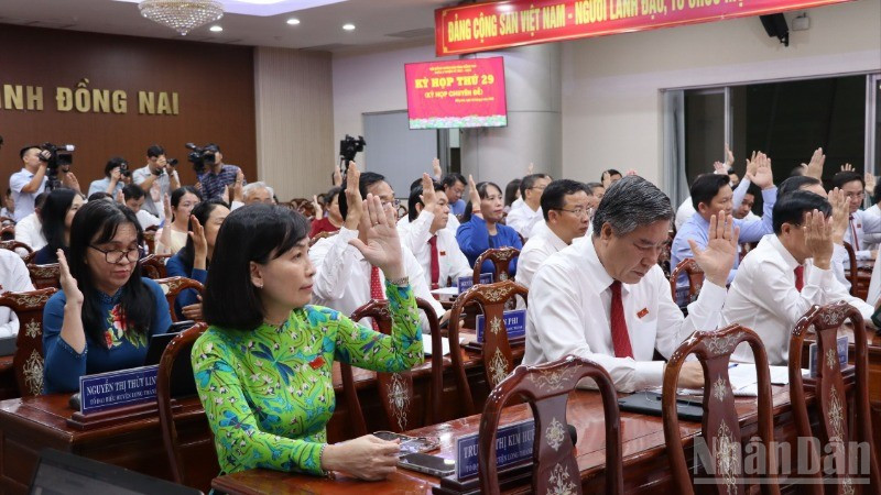 Các đại biểu Hội đồng nhân dân tỉnh Đồng Nai biểu quyết thông qua Nghị quyết tại kỳ họp.