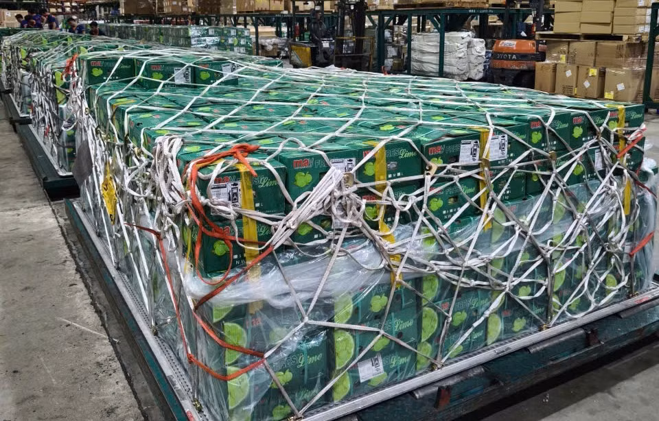 Hình ảnh các lô hàng từ Việt Nam chuẩn bị được đưa lên máy bay vận chuyển sang Dubai.