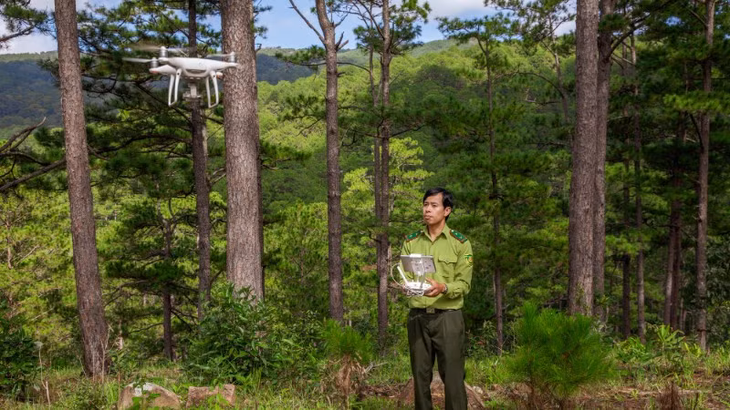 Cán bộ kiểm lâm Phạm Xuân Đảm điều khiển thiết bị flycam kiểm tra cháy rừng.